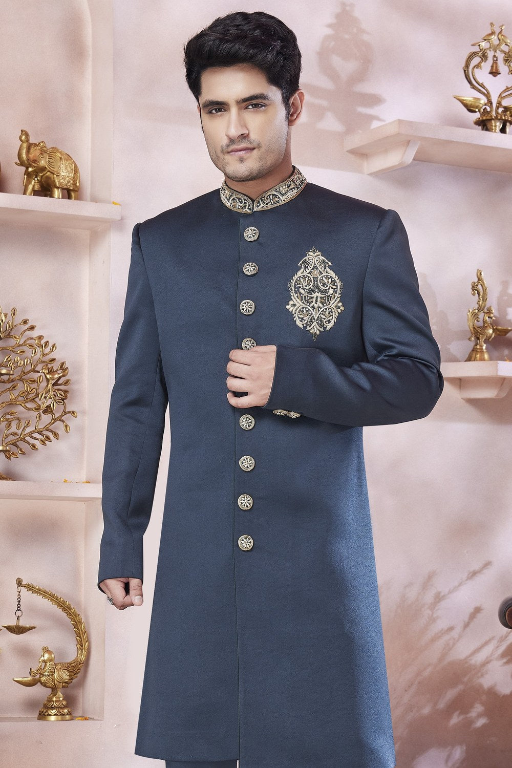 Slate Blue Art Silk Indo Western Traditional Sherwani Long Kurta & Pant Suit for Men for Wedding - Embroidery Work - close-up view