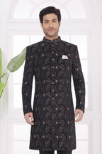 Black Velvet Wedding Kurta for Men & Pajama - Thread Embroidery Work - close-up view