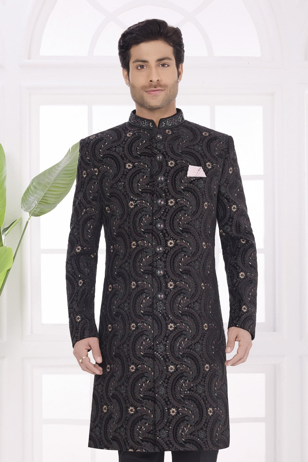 Black Velvet Wedding Kurta for Men & Pajama - Thread Embroidery Work - close-up view
