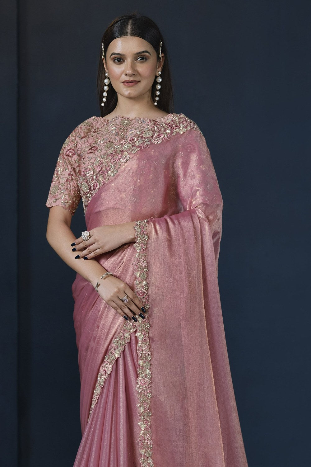 Pink Simmer Chiffon Silk Saree With Stitched Blouse For Indian & Pakistani Wedding Festival - Sequence Embroidery Work, Hand Work, Dori Work - close-up view