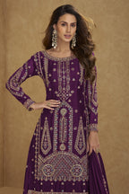 Plum Chinon Silk Long Kameez with Plazo in Thread & Sequins Work - close-up view