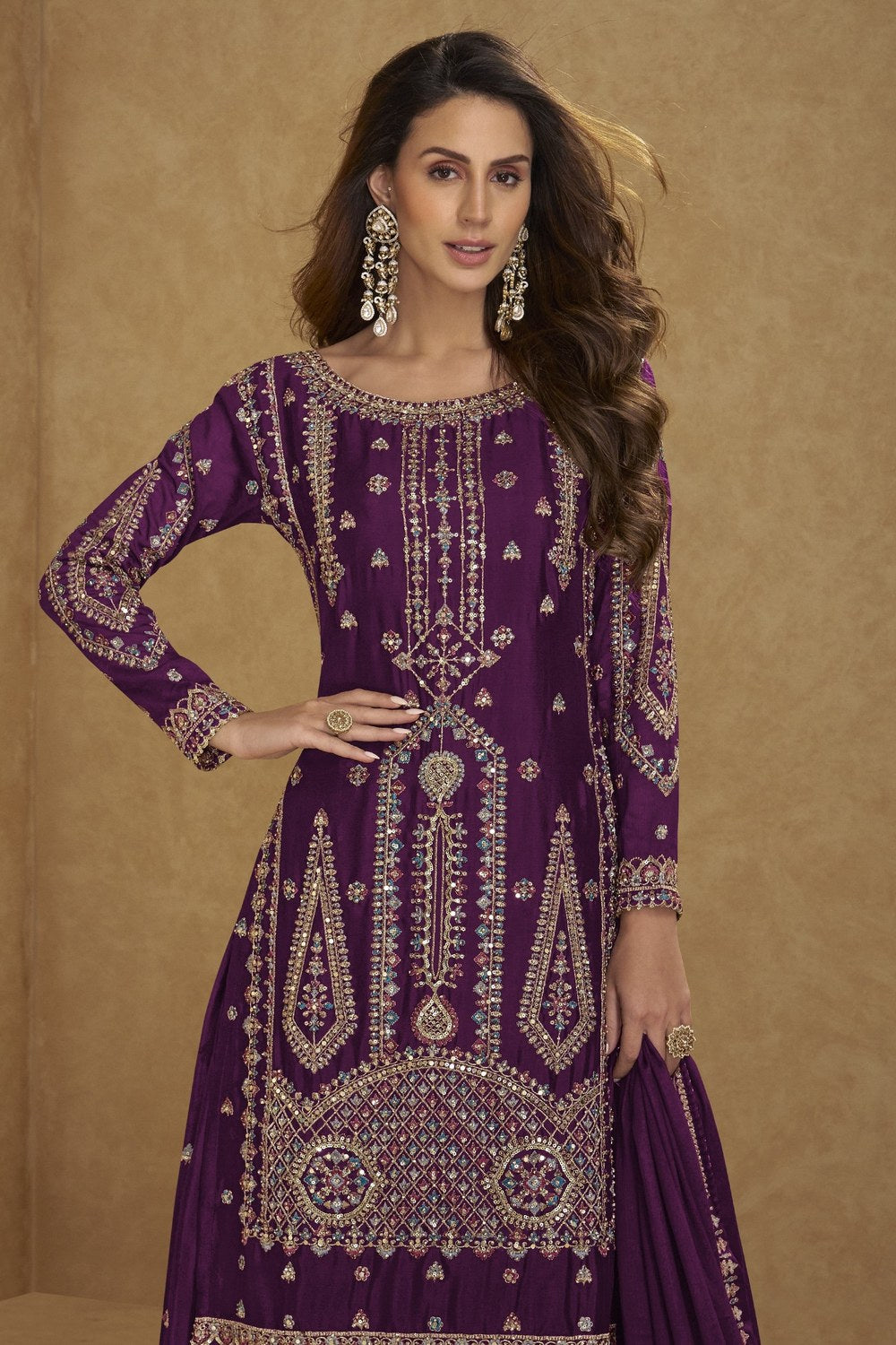 Plum Chinon Silk Long Kameez with Plazo in Thread & Sequins Work - close-up view