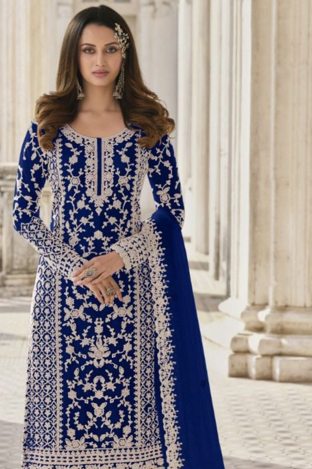 Blue Net Kameez Plazzo Suit For Indian Wedding & Pakistani Festival Dress - Embroidery Work - close-up view
