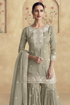 Grey Simar Silk Gharara Suit for Women for Wedding & Mehndi - Thread Embroidery Work - close-up view
