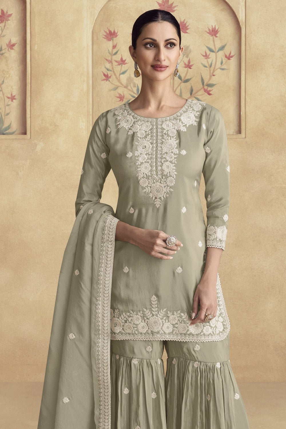 Grey Simar Silk Gharara Suit for Women for Wedding & Mehndi - Thread Embroidery Work - close-up view