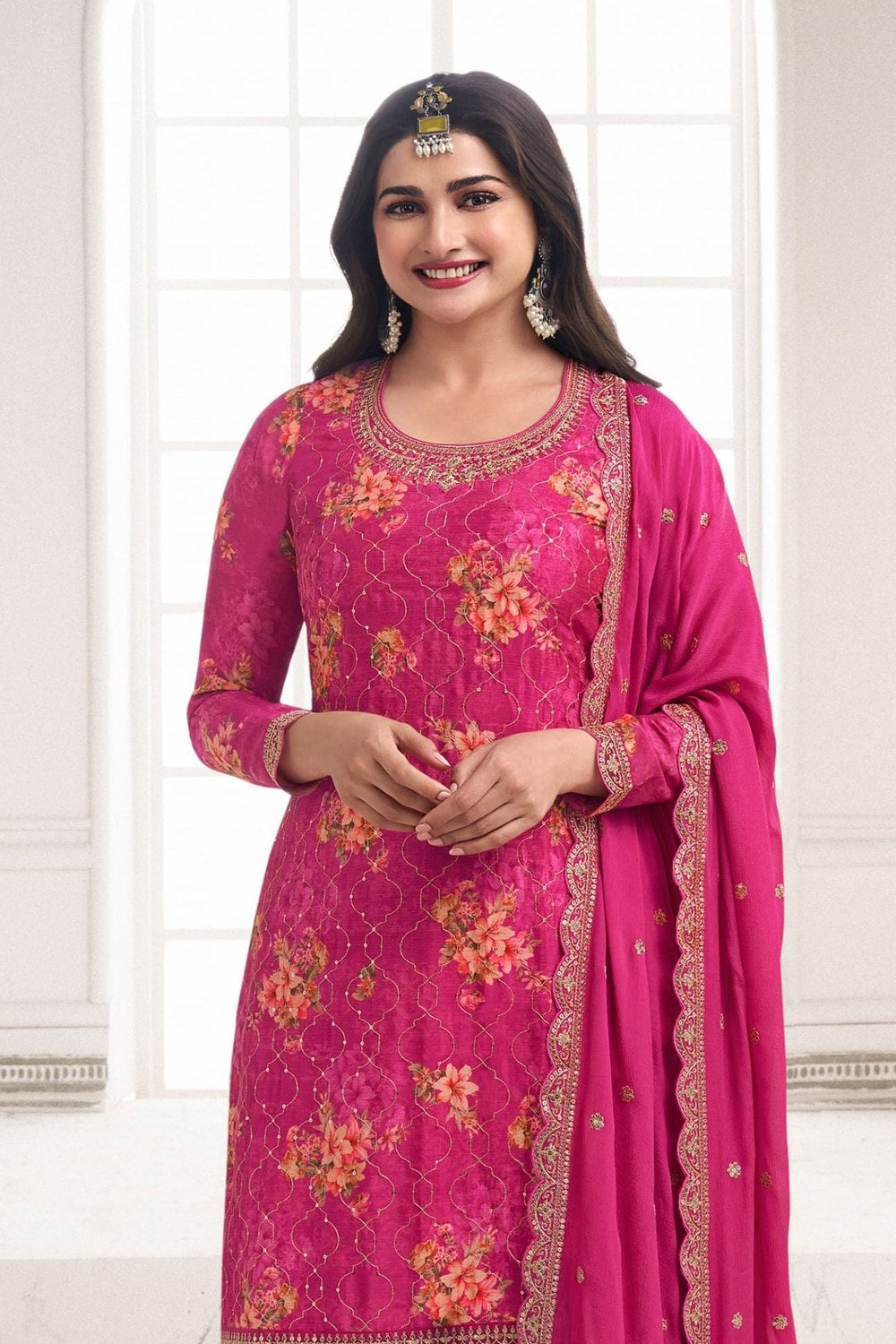 Pink Chinon Silk Floral Plazo Suit For Indian Festivals & Pakistani Weddings Dress - Embroidery Work, Print Work - close-up view