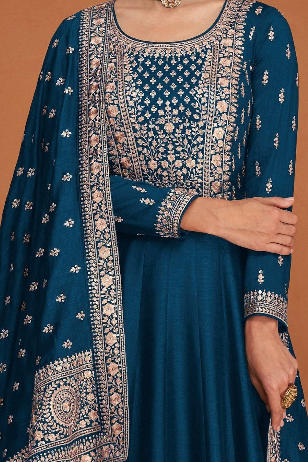Teal Chinon Silk Anarkali Suit for Indian Wedding Guest Outfits - Thread Embroidery Work - hem and footwear detail
