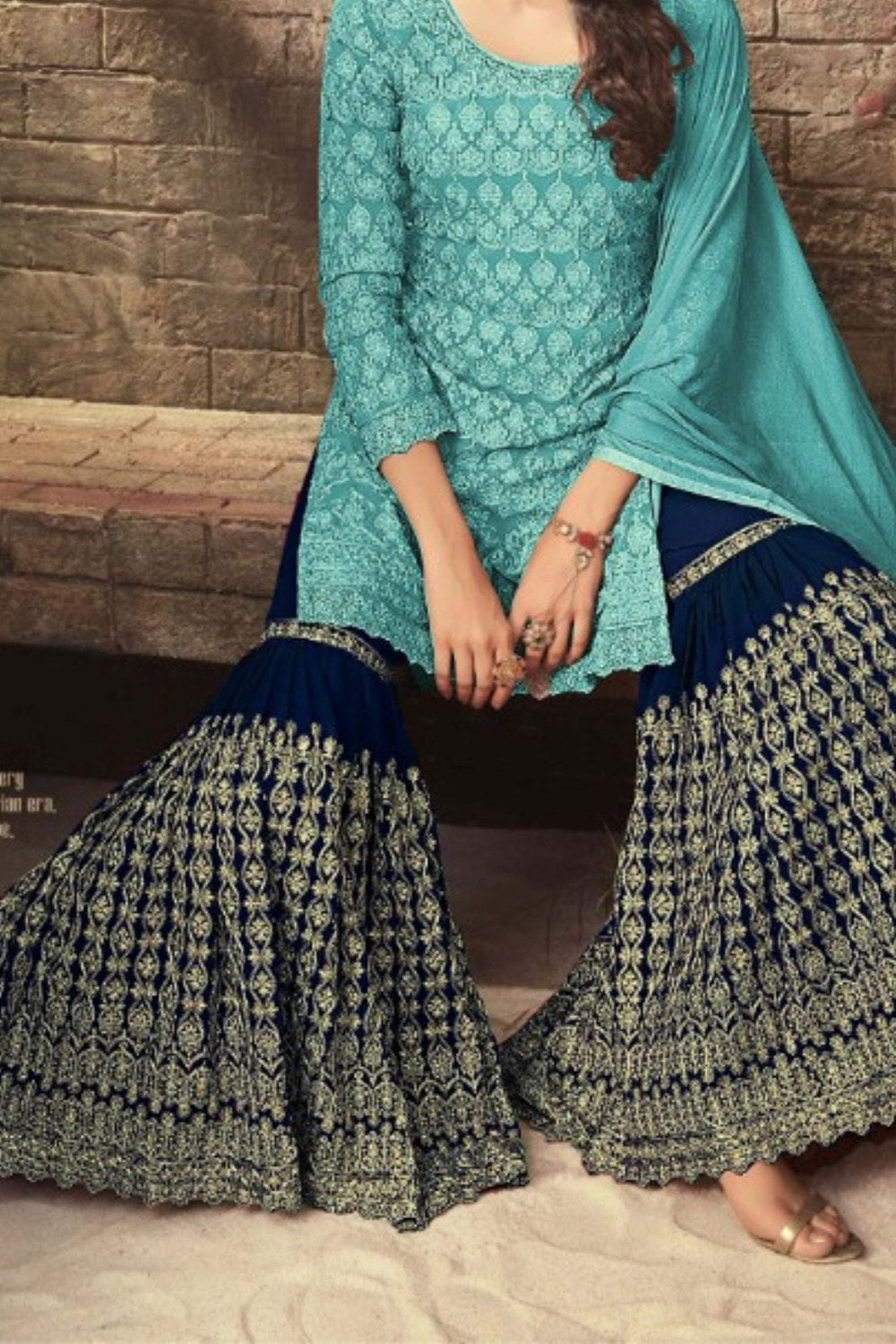 Turquoise Georgette Gharara Suit for Women for Wedding - Embroidery Work - hem and footwear detail