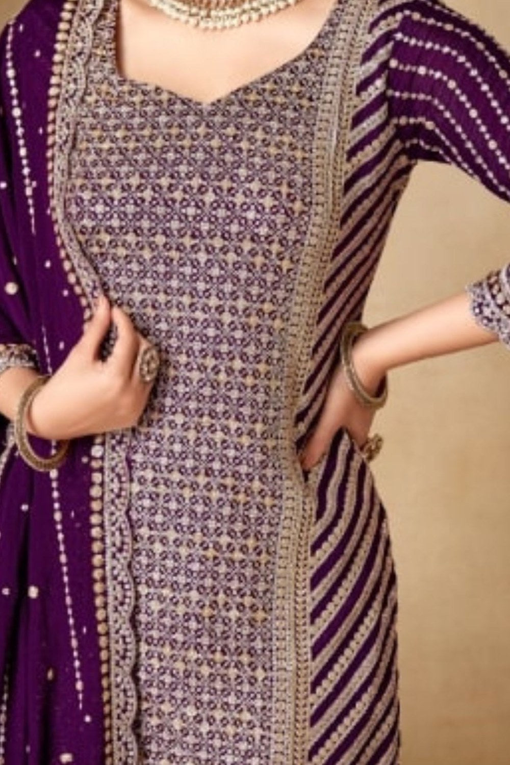 Maroon Chinon Silk Dress of Sharara for Indian & Pakistani Festival - Sequence Embroidery Work, Zari Work - hem and footwear detail