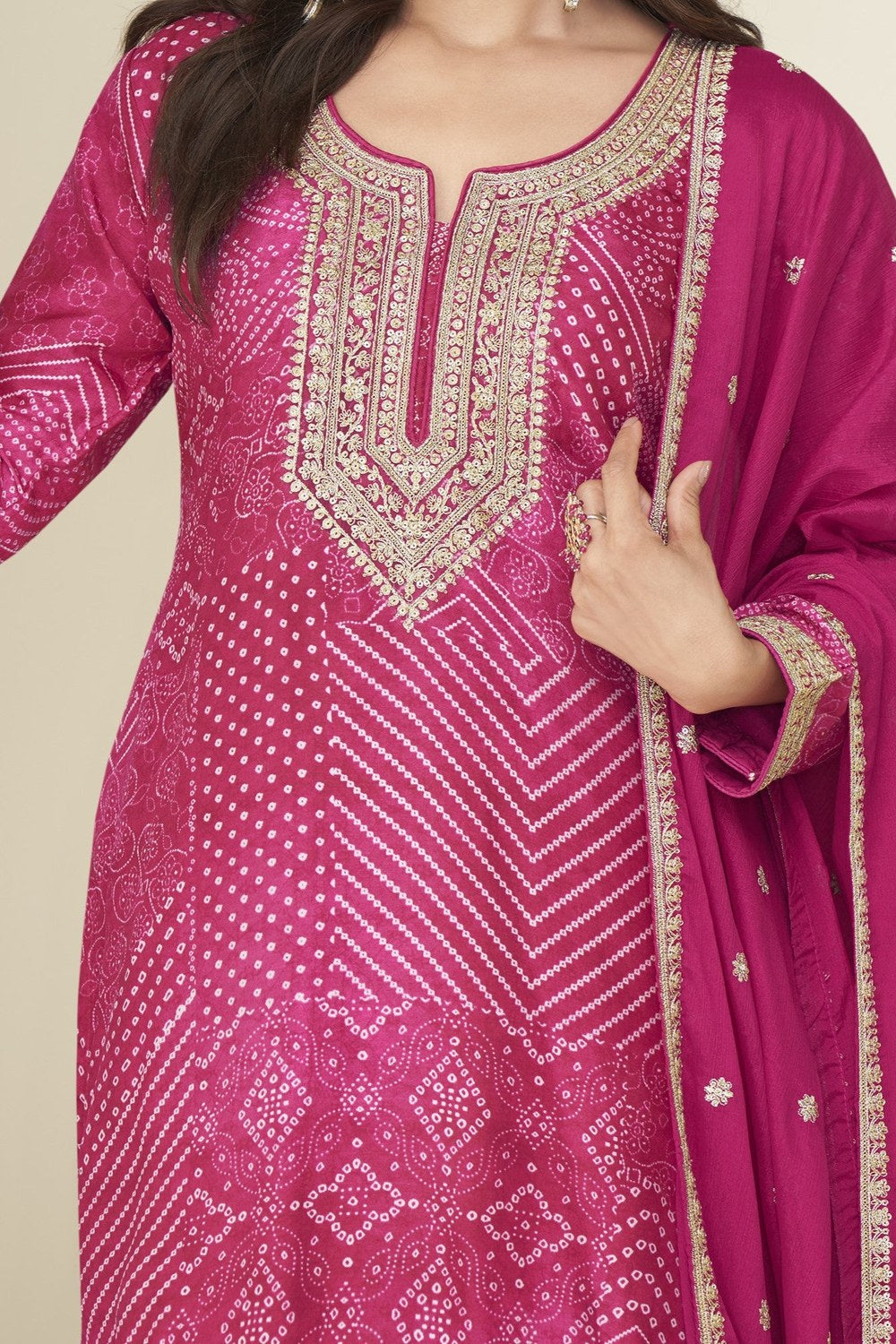 Pink Chinon Silk Plazo Suit For Indian & Pakistani Wedding Festival - Embroidery Work, Print Work - hem and footwear detail
