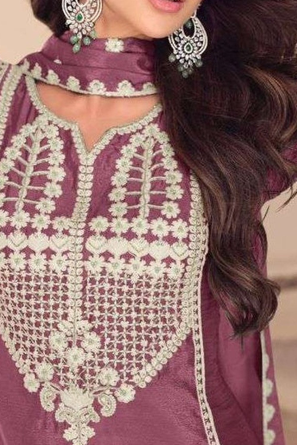 Purple Chinon Silk Sharara Suit For Indian & Pakistani Wedding Festival - Embroidery Work, Khatli Work - hem and footwear detail