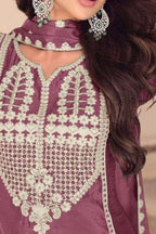 Purple Chinon Silk Sharara Suit For Indian & Pakistani Wedding Festival - Embroidery Work, Khatli Work - hem and footwear detail