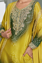 Green Chinon Silk Dual Color Bandhani Print Style Plazo Suit For Indian & Pakistani Wedding Festival - Thread & Sequence Embroidery Work, Print Work - hem and footwear detail