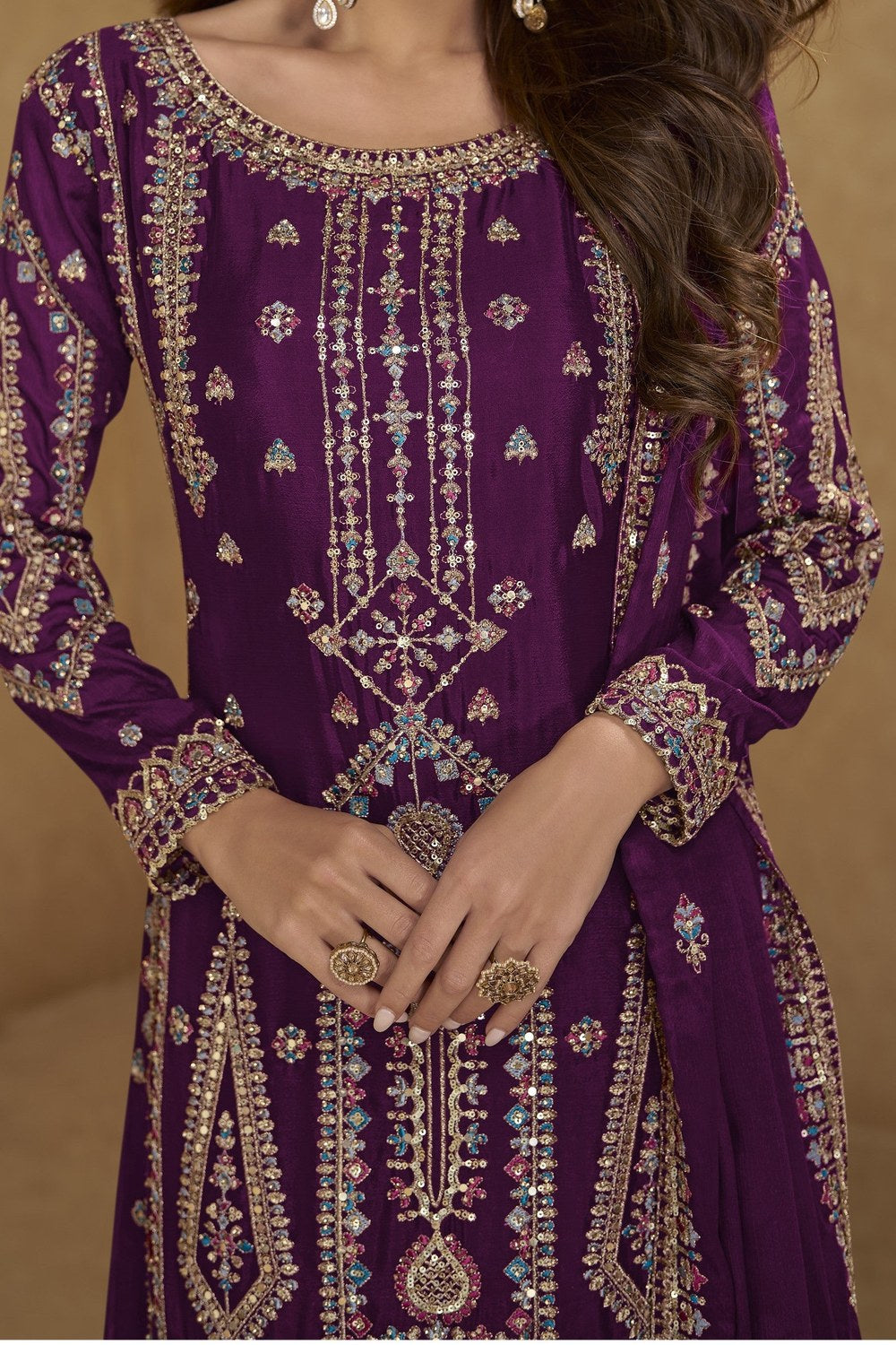 Plum Chinon Silk Long Kameez with Plazo in Thread & Sequins Work - hem and footwear detail
