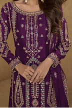 Plum Chinon Silk Long Kameez with Plazo in Thread & Sequins Work - hem and footwear detail