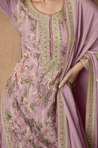 Purple Chinon Silk Pakistani Suit Dress Palazzo Style - Thread Embroidery Work - hem and footwear detail