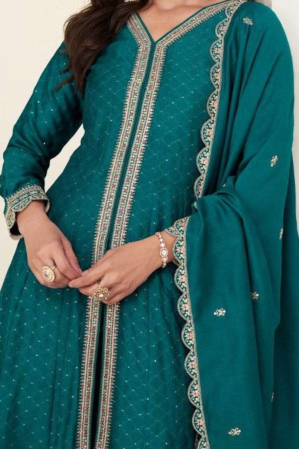 Teal Chinon Silk Designer Anarkali Suits with Thread and Sequins Work - hem and footwear detail