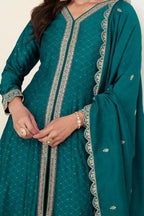 Teal Chinon Silk Designer Anarkali Suits with Thread and Sequins Work - hem and footwear detail