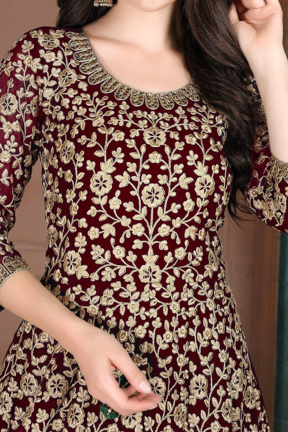 Maroon Georgette Thread Work Anarkali Dresses for an Indian Wedding Guest - hem and footwear detail