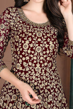 Maroon Georgette Thread Work Anarkali Dresses for an Indian Wedding Guest - hem and footwear detail