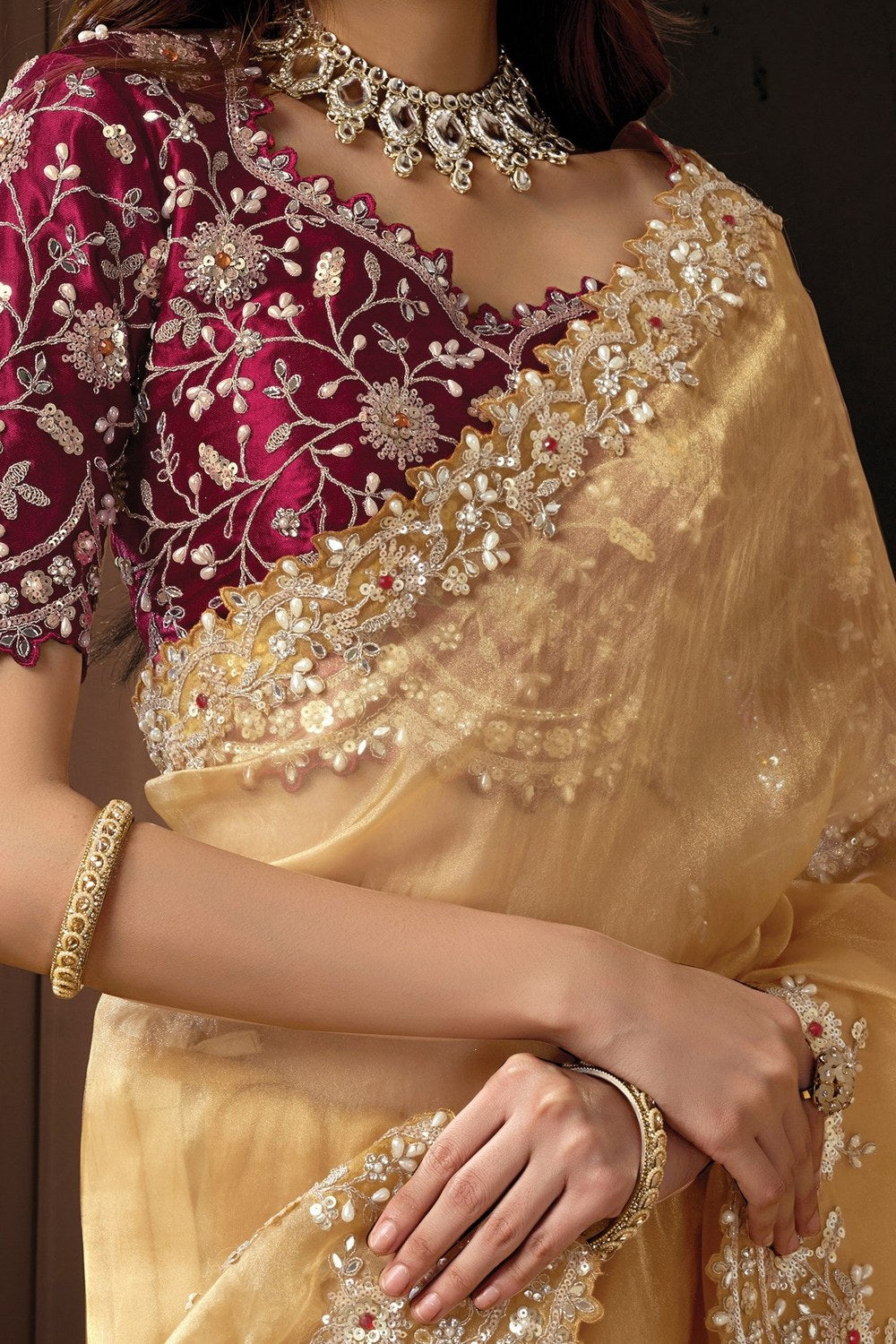 Tan Color Sequins & Mirror Pearl Work Saree for Wedding Guest in Velvet Satin - hem and footwear detail