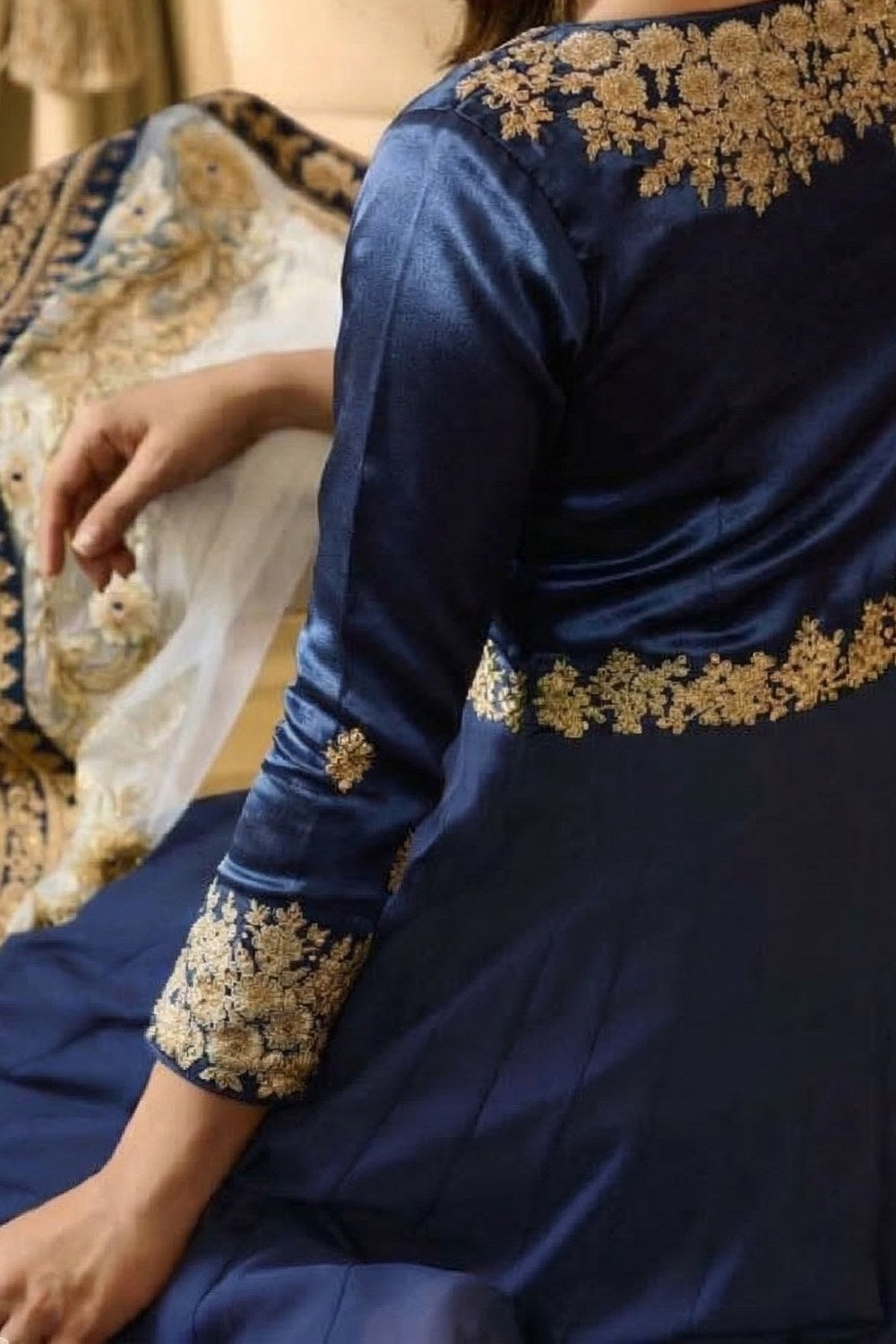 Blue Georgette Anarkali Suit Indian Dresses For Marriage - Embroidery Work - hem and footwear detail