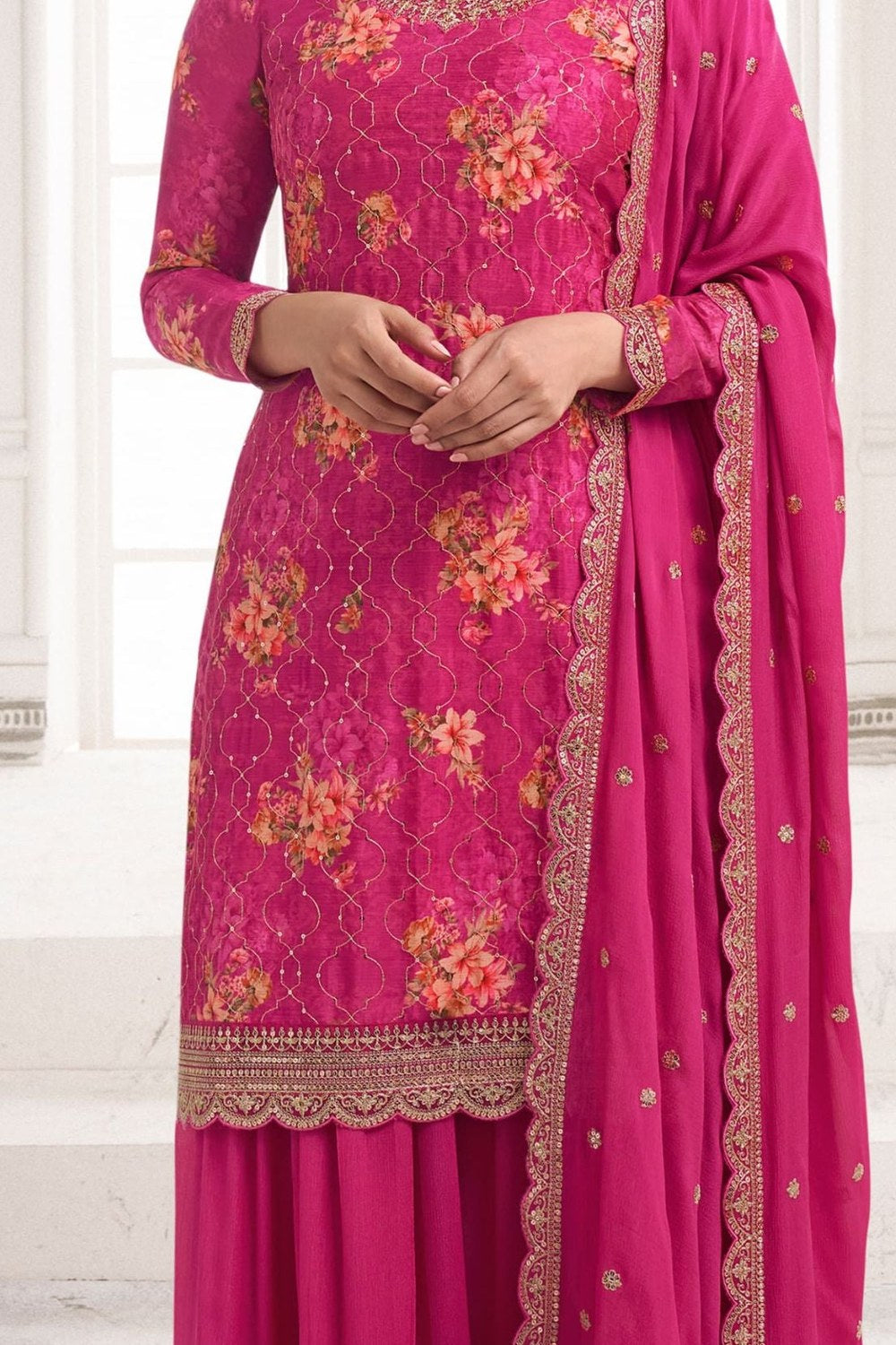 Pink Chinon Silk Floral Plazo Suit For Indian Festivals & Pakistani Weddings Dress - Embroidery Work, Print Work - detail view