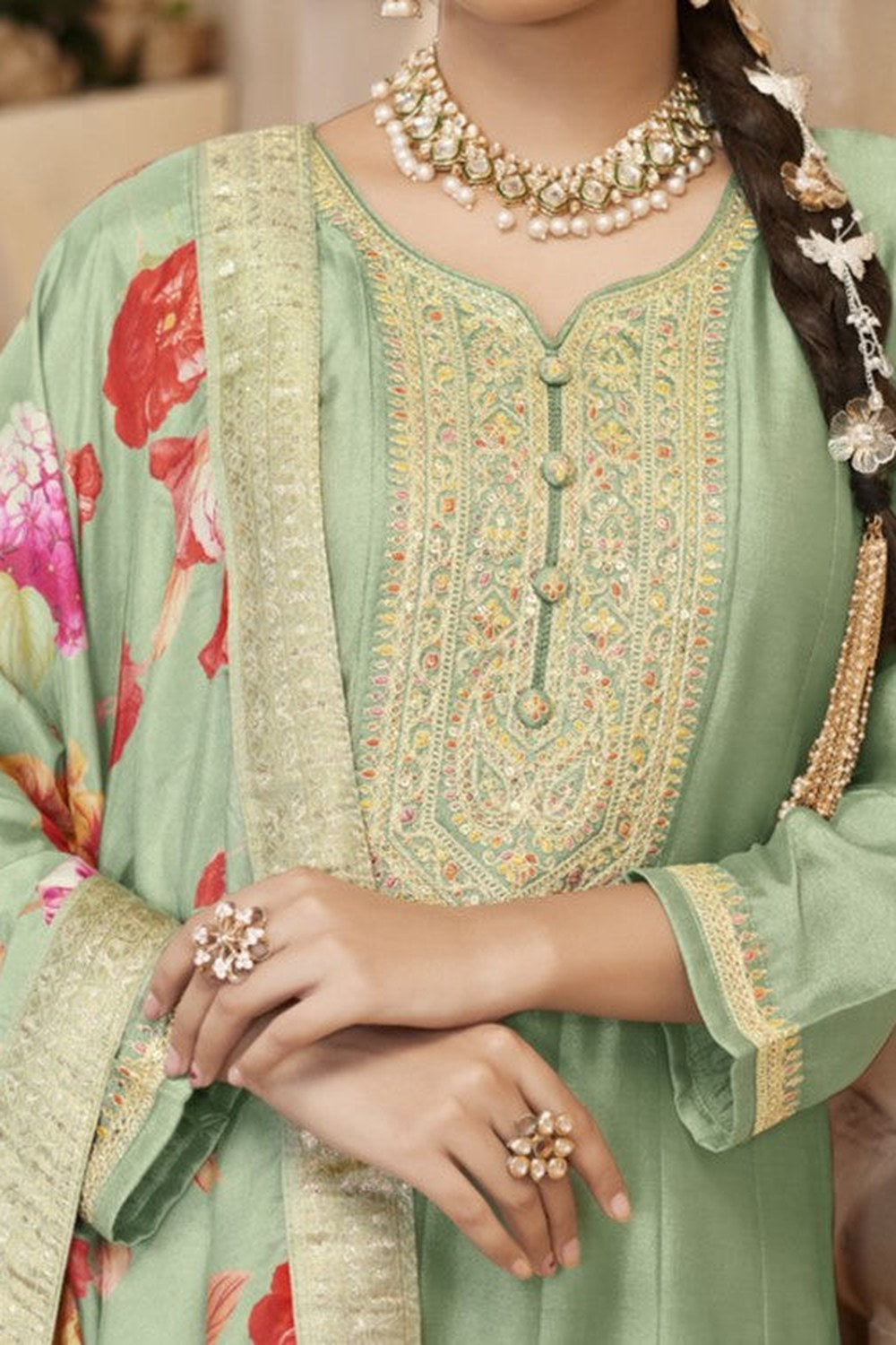 Green Chinon Silk Long Kameez Pant Suit For Indian Festivals & Weddings - Embroidery Work, Print Work - hem and footwear detail
