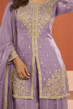 Light Purple Fandy Silk Plazo Suit For Indian & Pakistani Wedding Festival - Thread Embroidery Work - hem and footwear detail