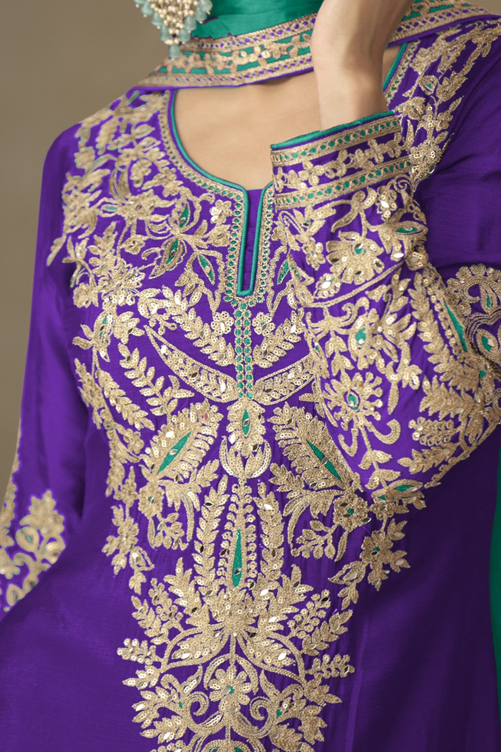 Purple Chinon Silk Kameez With Plazo Suit For Indian & Pakistani Wedding Festival - Thread & Sequence Embroidery - hem and footwear detail