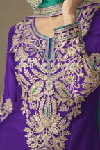 Purple Chinon Silk Kameez With Plazo Suit For Indian & Pakistani Wedding Festival - Thread & Sequence Embroidery - hem and footwear detail