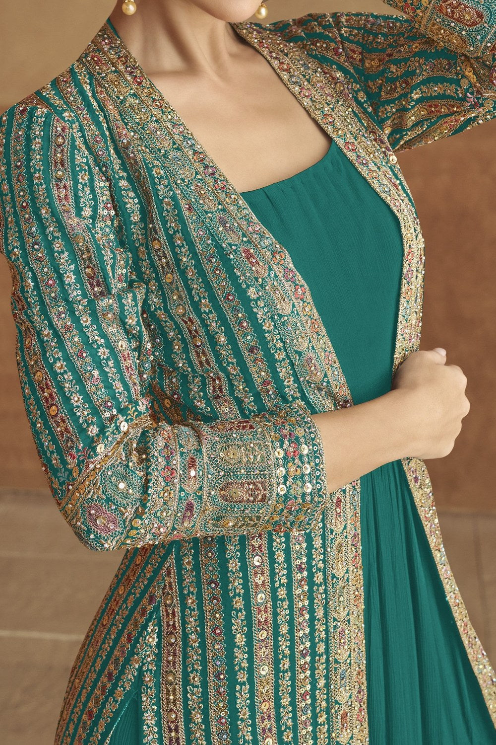 Peacock Blue Georgette India Wedding Gowns Gown with Jacket & Belt - Embroidery Work - hem and footwear detail