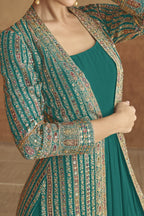 Peacock Blue Georgette India Wedding Gowns Gown with Jacket & Belt - Embroidery Work - hem and footwear detail