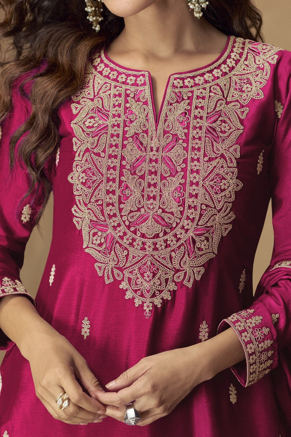 Hot Pink Embroidered Palazo Pakistani Suits in Chinon Silk - hem and footwear detail