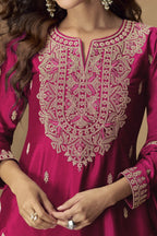 Hot Pink Embroidered Palazo Pakistani Suits in Chinon Silk - hem and footwear detail