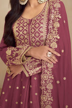 Maroon Chinon Silk Plazo Suit For Indian Weddings & Pakitani Festival - Embroidery Work - hem and footwear detail