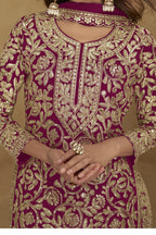 Embroidered Suit for Womens | Red Georgette Sequin Plazo Set - hem and footwear detail