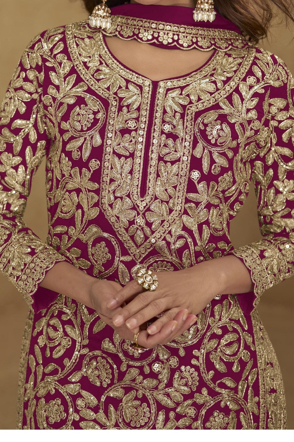 Embroidered Suit for Womens | Red Georgette Sequin Plazo Set - hem and footwear detail