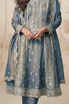 Bluish Grey Simmer Silk Kameez With Pant For Indian & Pakistani Wedding Festival - Embroidery Work - detail view