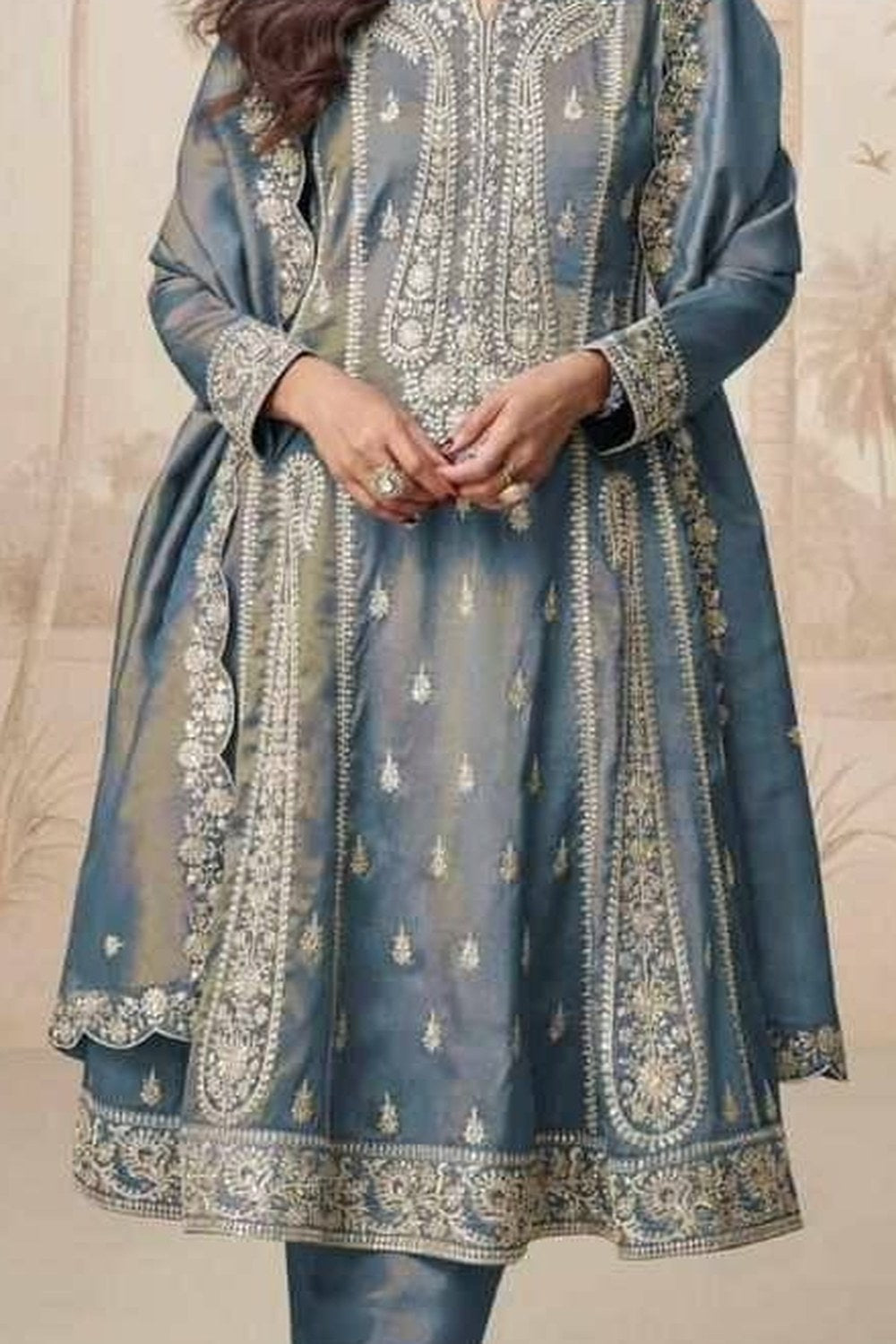 Bluish Grey Simmer Silk Kameez With Pant For Indian & Pakistani Wedding Festival - Embroidery Work - detail view