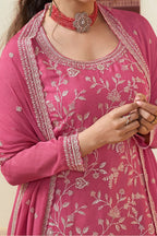 Pink Chinon Silk Palazo Suit for Wedding Guest in Thread Embroidery Work RTS - hem and footwear detail