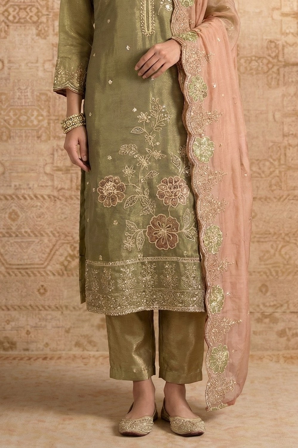 Olive Shimmer Silk Female Kameez with Pant - Embroidery Work - hem and footwear detail
