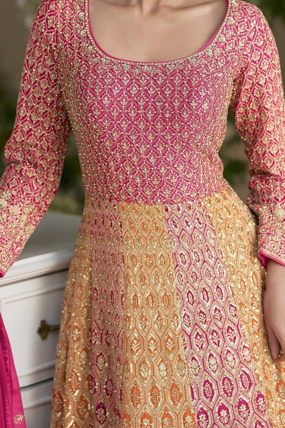 Pink Georgette Anarkali Suit For Indian & Pakistani Wedding Festival - Sequins & Thread Embroidery Work - hem and footwear detail