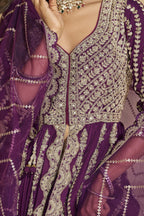 Wine Chinon Silk Front Slit Anarkali With Skirt Suit For Indian & Pakistani Wedding Festival - Sequins & Thread Embroidery Work, Dori Work - hem and footwear detail