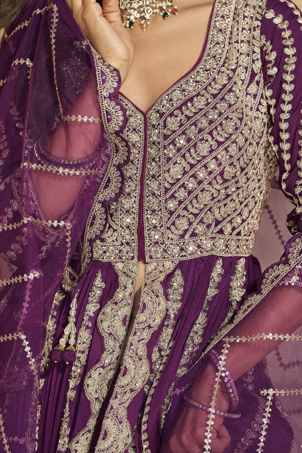 Wine Chinon Silk Front Slit Anarkali With Skirt Suit For Indian & Pakistani Wedding Festival - Sequins & Thread Embroidery Work, Dori Work - hem and footwear detail