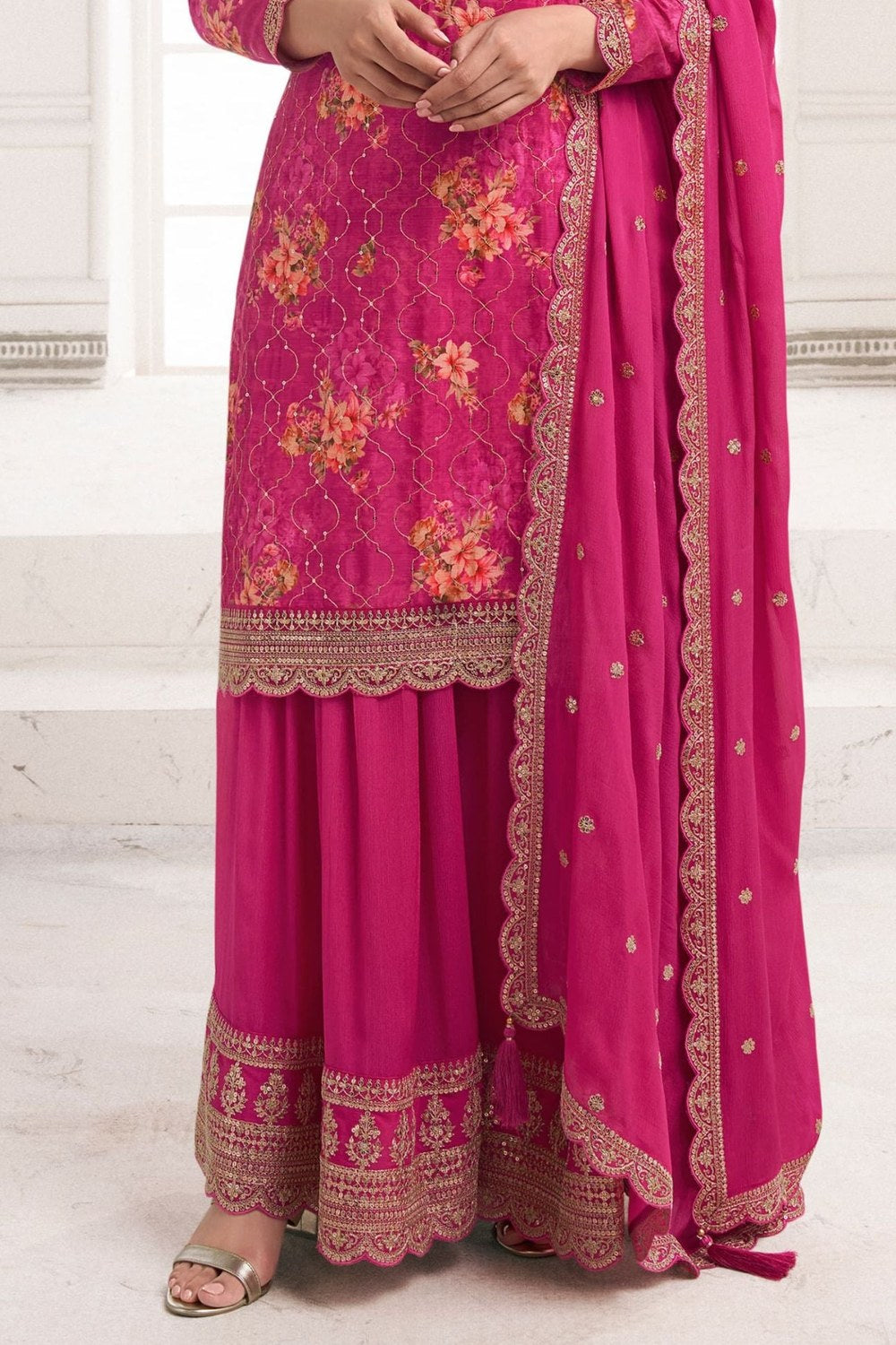 Pink Chinon Silk Floral Plazo Suit For Indian Festivals & Pakistani Weddings Dress - Embroidery Work, Print Work - hem and footwear detail