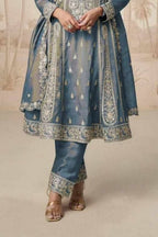 Bluish Grey Simmer Silk Kameez With Pant For Indian & Pakistani Wedding Festival - Embroidery Work - hem and footwear detail