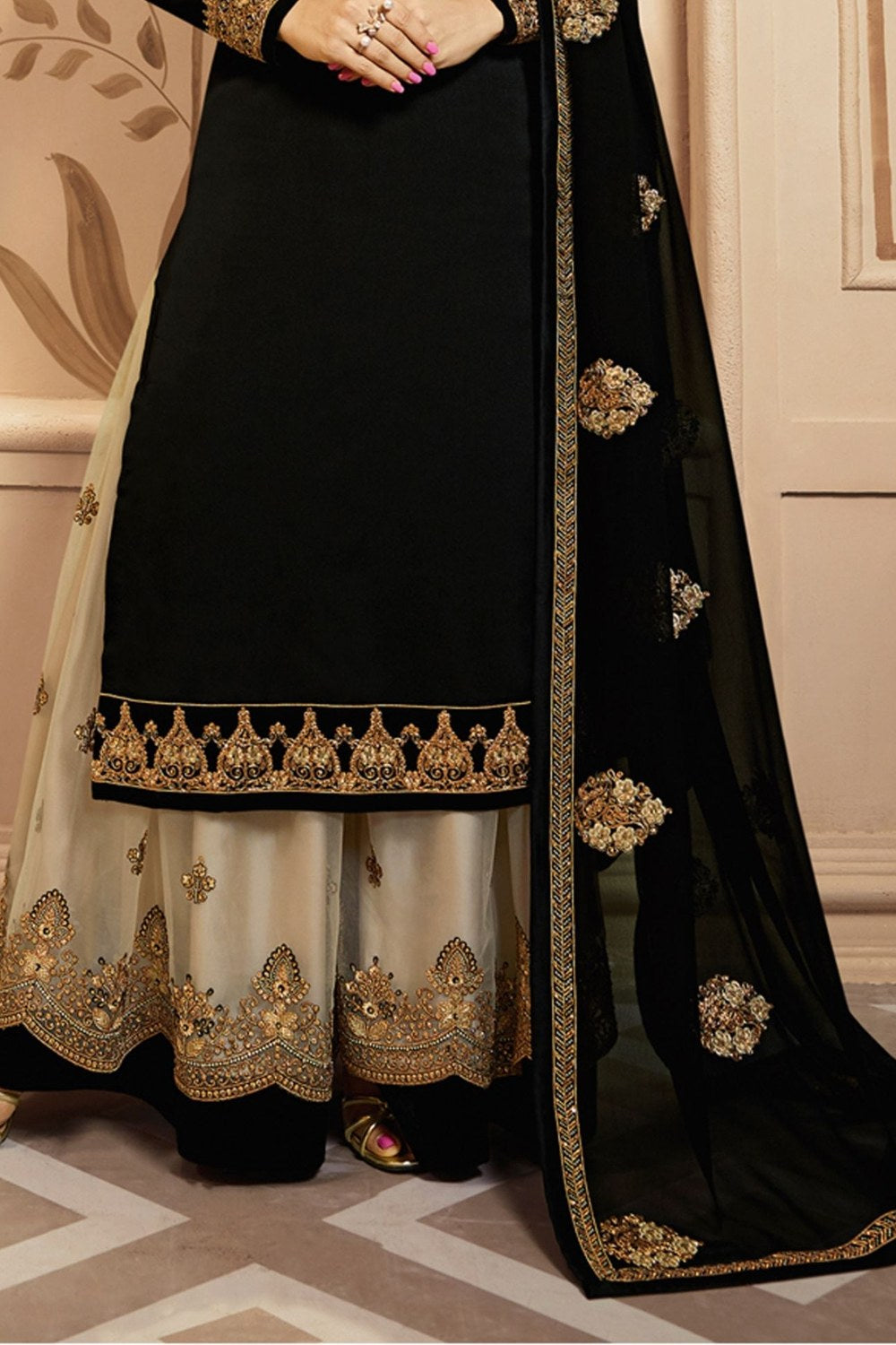 Black Satin Georgette Kameez with Plazo For Wedding & Festival - Embroidery Work RTS - hem and footwear detail
