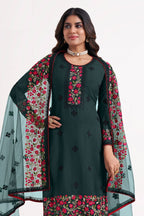 Green Georgette Kameez With Pant For Indian Festivals & Weddings - Sequence Embroidery Work, Thread Embroidery Work, Stone Work, Zari Work - close-up view