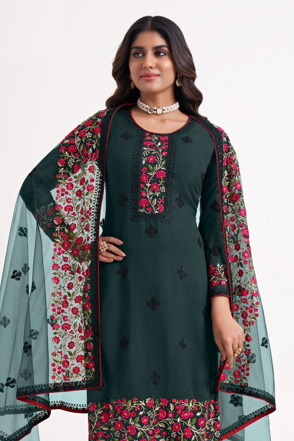 Green Georgette Kameez With Pant For Indian Festivals & Weddings - Sequence Embroidery Work, Thread Embroidery Work, Stone Work, Zari Work - close-up view
